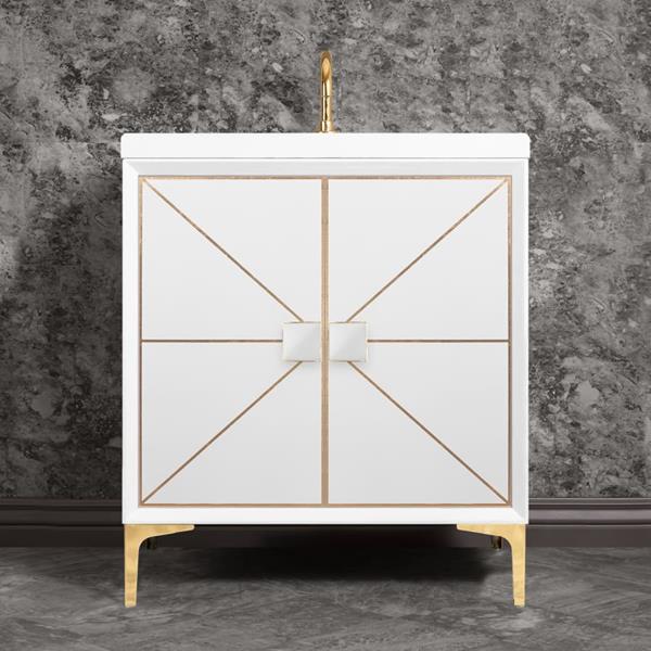 Linkasink - Divergence 30 Inch Wide White Vanity With White Prism Artisan Glass Hardware