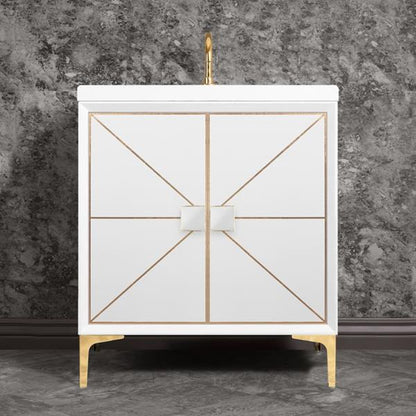 Linkasink - Divergence 30 Inch Wide White Vanity With White Prism Artisan Glass Hardware