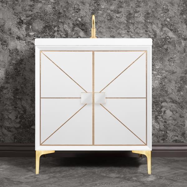 Linkasink - Divergence 30 Inch Wide White Vanity With White Prism Artisan Glass Hardware