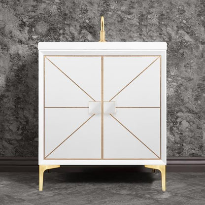 Linkasink - Divergence 30 Inch Wide White Vanity With White Prism Artisan Glass Hardware
