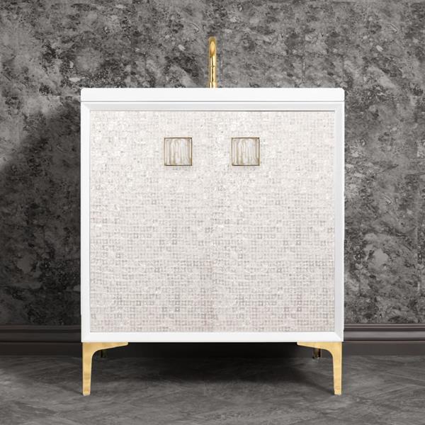 Linkasink - Mother Of Pearl With 3 Inch White Tiger Prism Artisan Glass Hardware 30 Inch Wide White Vanity