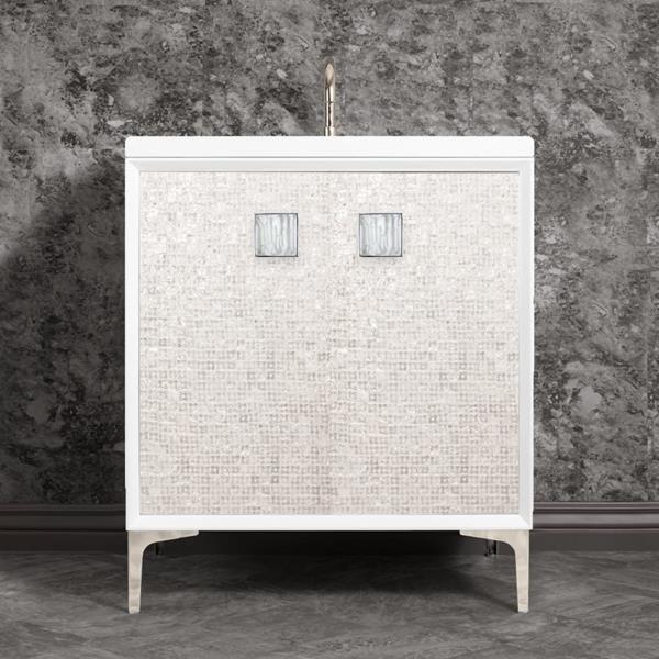 Linkasink - Mother Of Pearl With 3 Inch White Tiger Prism Artisan Glass Hardware 30 Inch Wide White Vanity