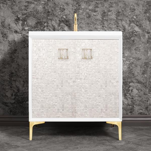 Linkasink - Mother Of Pearl With 3 Inch White Tiger Prism Artisan Glass Hardware 30 Inch Wide White Vanity