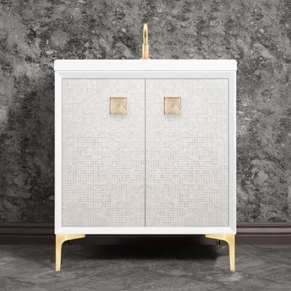 Linkasink - Mother Of Pearl With 3 Inch Eglomise Prism Artisan Glass Hardware 30 Inch Wide White Vanity