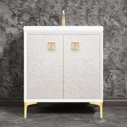 Linkasink - Mother Of Pearl With 3 Inch Eglomise Prism Artisan Glass Hardware 30 Inch Wide White Vanity