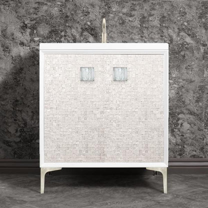 Linkasink - Mother Of Pearl With 3 Inch White Tiger Prism Artisan Glass Hardware 30 Inch Wide White Vanity