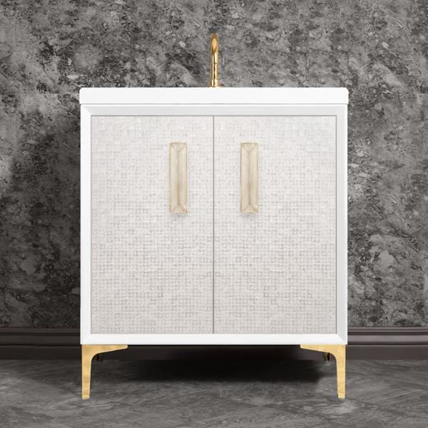 Linkasink - Mother Of Pearl With 8 Inch Eglomise Prism Artisan Glass Hardware 30 Inch Wide White Vanity