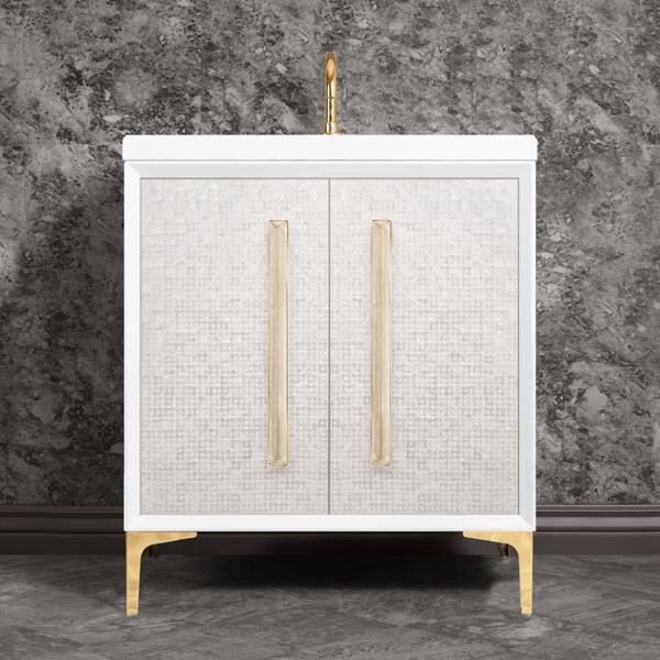 Linkasink - Mother Of Pearl With 18 Inch Eglomise Prism Artisan Glass Hardware 30 Inch Wide White Vanity