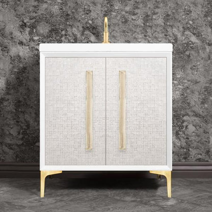 Linkasink - Mother Of Pearl With 18 Inch Eglomise Prism Artisan Glass Hardware 30 Inch Wide White Vanity