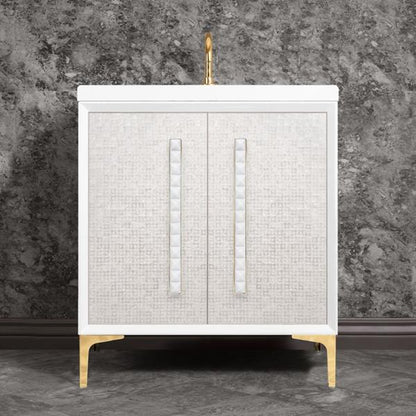 Linkasink - Mother Of Pearl With 18 Inch White Pyramid Artisan Glass Hardware 30 Inch Wide White Vanity