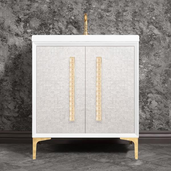 Linkasink - Mother Of Pearl With 18 Inch Eglomise Pyramid Artisan Glass Hardware 30 Inch Wide White Vanity