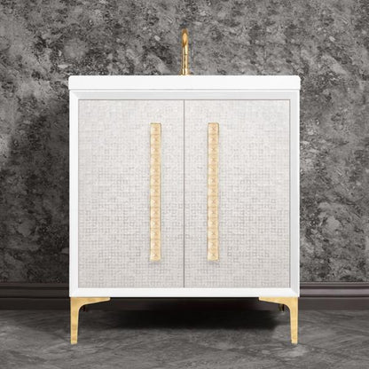 Linkasink - Mother Of Pearl With 18 Inch Eglomise Pyramid Artisan Glass Hardware 30 Inch Wide White Vanity
