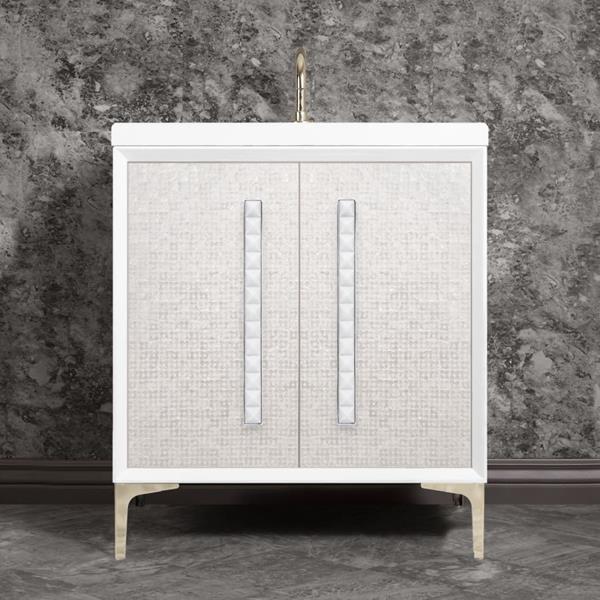 Linkasink - Mother Of Pearl With 18 Inch White Pyramid Artisan Glass Hardware 30 Inch Wide White Vanity
