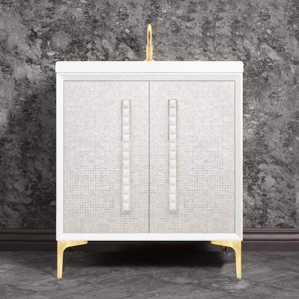 Linkasink - Mother Of Pearl With 18 Inch White Pyramid Artisan Glass Hardware 30 Inch Wide White Vanity