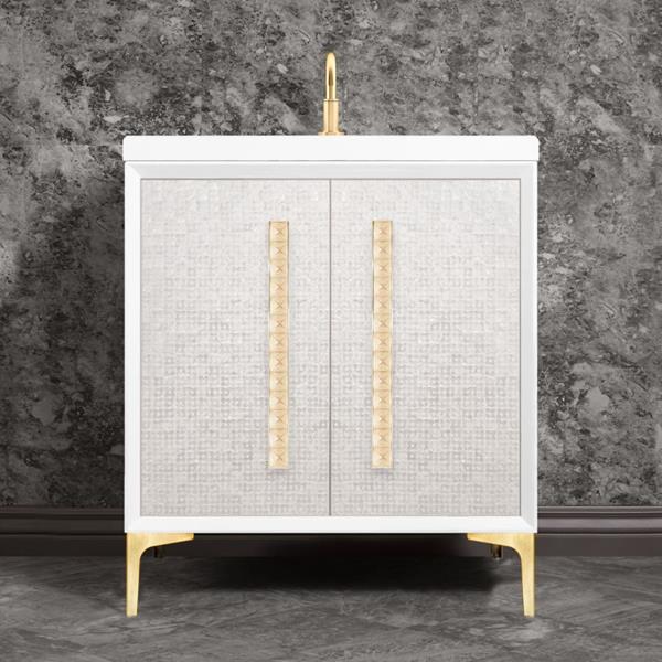 Linkasink - Mother Of Pearl With 18 Inch Eglomise Pyramid Artisan Glass Hardware 30 Inch Wide White Vanity