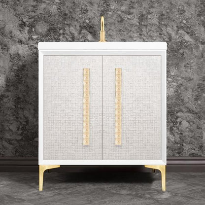 Linkasink - Mother Of Pearl With 18 Inch Eglomise Pyramid Artisan Glass Hardware 30 Inch Wide White Vanity