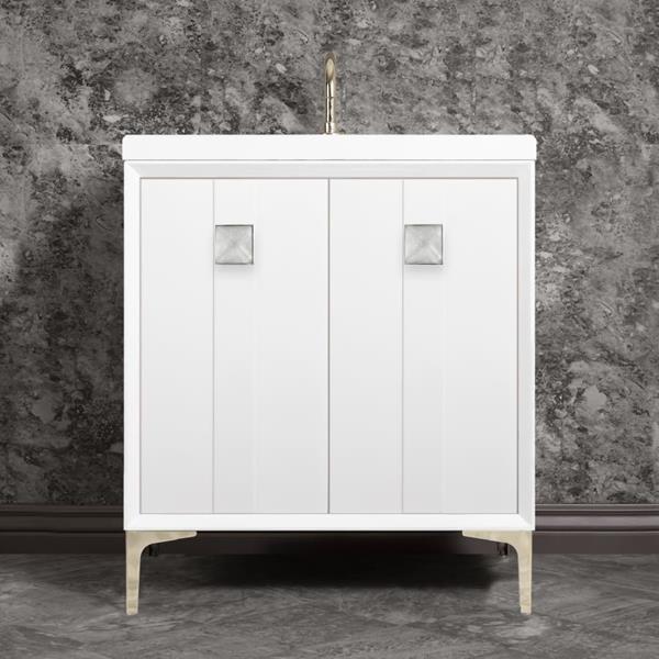 Linkasink - Tuxedo With 3 Inch Eglomise Prism Artisan Glass Hardware 30 Inch Wide White Vanity
