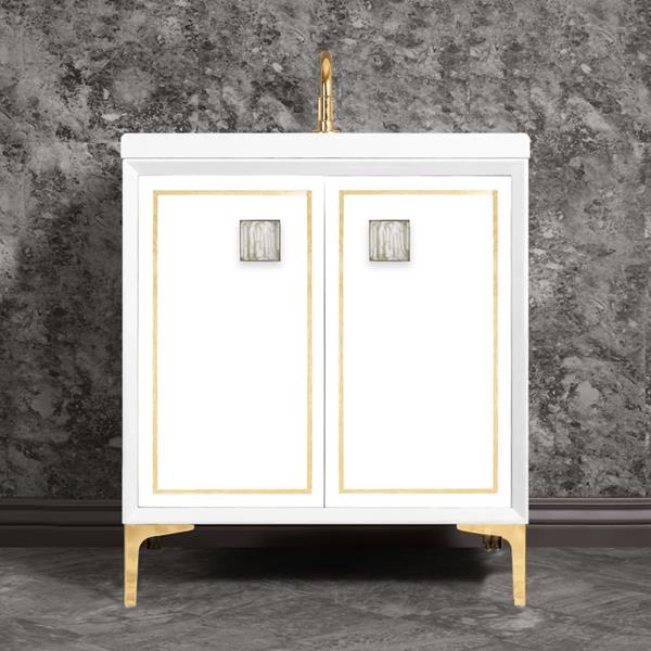 Linkasink - Linea With 3 Inch White Tiger Prism Artisan Glass Hardware 30 Inch Wide White Vanity