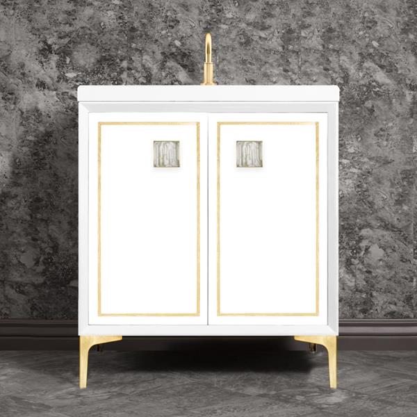 Linkasink - Linea With 3 Inch White Tiger Prism Artisan Glass Hardware 30 Inch Wide White Vanity