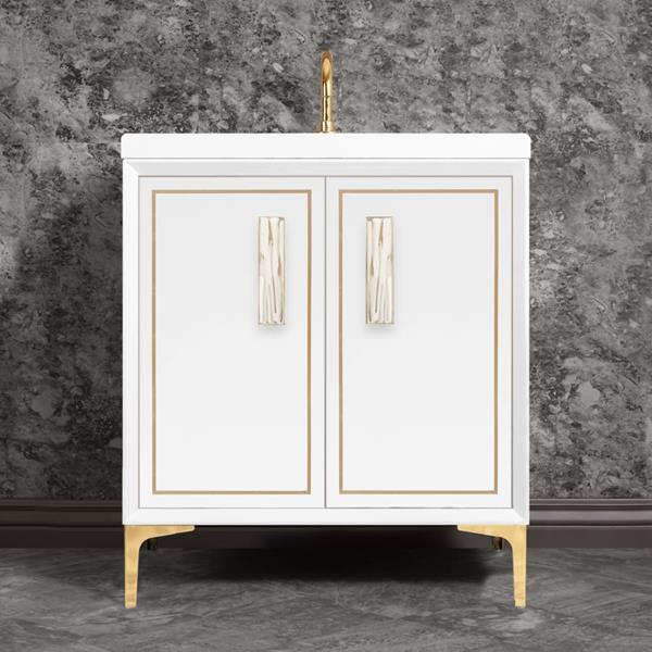 Linkasink - Linea With 8 Inch White Tiger Prism Artisan Glass Hardware 30 Inch Wide White Vanity
