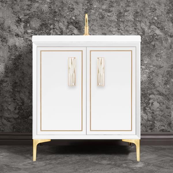 Linkasink - Linea With 8 Inch White Tiger Prism Artisan Glass Hardware 30 Inch Wide White Vanity