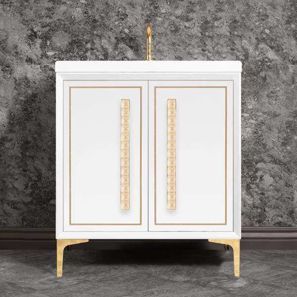 Linkasink - Linea With 18 Inch Eglomise Pyramid Artisan Glass Hardware 30 Inch Wide White Vanity