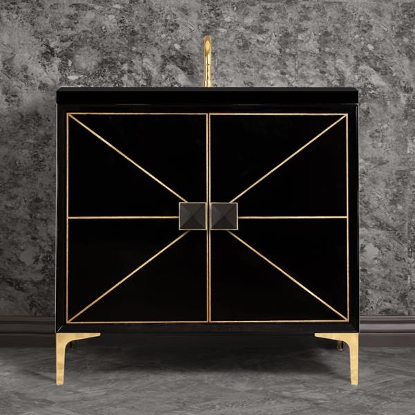 Linkasink - Divergence 36 Inch Wide Black Vanity With Black Prism Artisan Glass Hardware