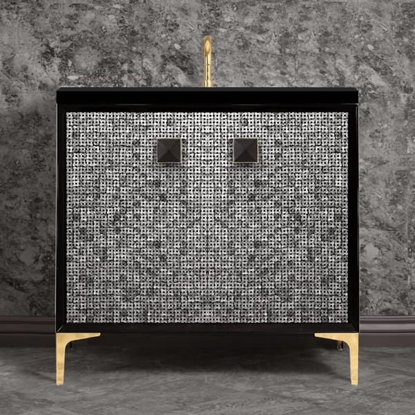Linkasink - Mother Of Pearl With 3 Inch Black Prism Artisan Glass Hardware 36 Inch Wide Black Vanity