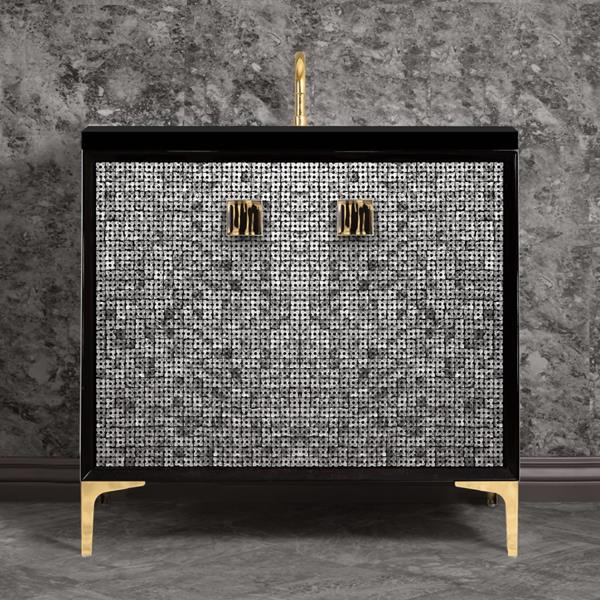 Linkasink - Mother Of Pearl With 3 Inch Black Tigler Artisan Glass Prism Hardware 36 Inch Wide Black Vanity