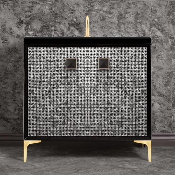 Linkasink - Mother Of Pearl With 3 Inch Black Prism Artisan Glass Hardware 36 Inch Wide Black Vanity