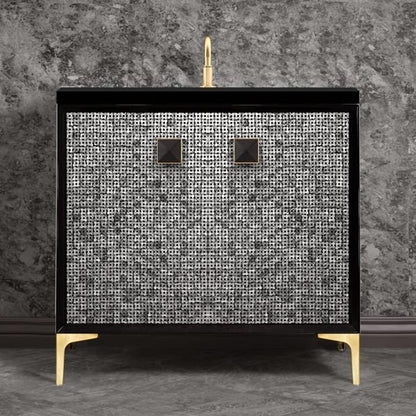 Linkasink - Mother Of Pearl With 3 Inch Black Prism Artisan Glass Hardware 36 Inch Wide Black Vanity