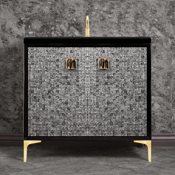 Linkasink - Mother Of Pearl With 3 Inch Black Tigler Artisan Glass Prism Hardware 36 Inch Wide Black Vanity