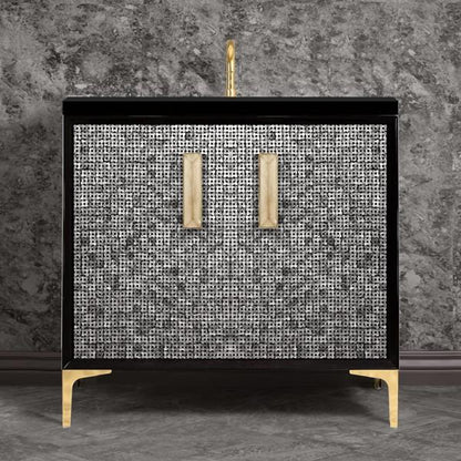 Linkasink - Mother Of Pearl With 8 Inch Eglomise Prism Artisan Glass Hardware  36 Inch Wide Black Vanity