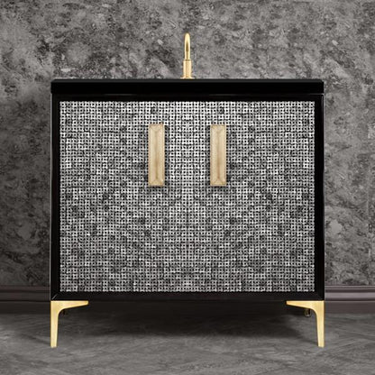 Linkasink - Mother Of Pearl With 8 Inch Eglomise Prism Artisan Glass Hardware  36 Inch Wide Black Vanity
