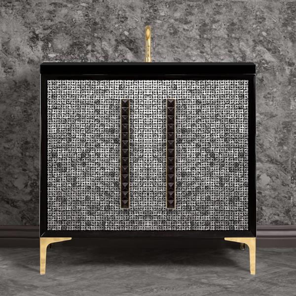 Linkasink - Mother Of Pearl With 18 Inch Black Pyramid Artisan Glass Hardware 36 Inch Wide Black Vanity