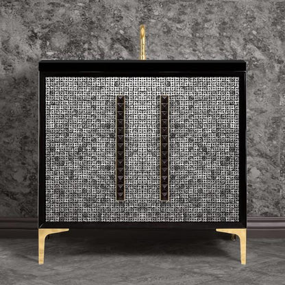 Linkasink - Mother Of Pearl With 18 Inch Black Pyramid Artisan Glass Hardware 36 Inch Wide Black Vanity