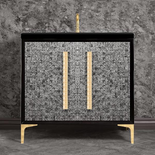 Linkasink - Mother Of Pearl With 18 Inch Eglomise Pyramid Artisan Glass Hardware 36 Inch Wide Black Vanity