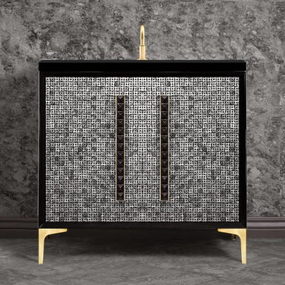 Linkasink - Mother Of Pearl With 18 Inch Black Pyramid Artisan Glass Hardware 36 Inch Wide Black Vanity