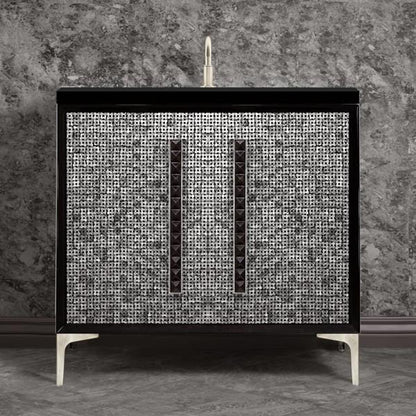 Linkasink - Mother Of Pearl With 18 Inch Black Pyramid Artisan Glass Hardware 36 Inch Wide Black Vanity