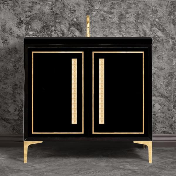 Linkasink - Linea With 18 Inch Eglomise Pyramid Artisan Glass Hardware 36 Inch Wide Black Vanity