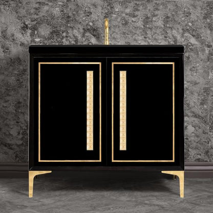 Linkasink - Linea With 18 Inch Eglomise Pyramid Artisan Glass Hardware 36 Inch Wide Black Vanity