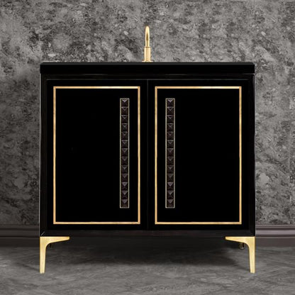 Linkasink - Linea With 18 Inch Black Pyramid Artisan Glass Hardware 36 Inch Wide Black Vanity