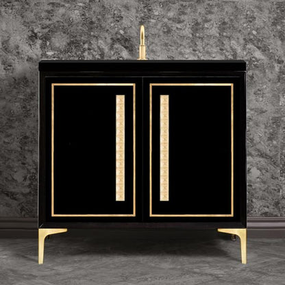 Linkasink - Linea With 18 Inch Eglomise Pyramid Artisan Glass Hardware 36 Inch Wide Black Vanity