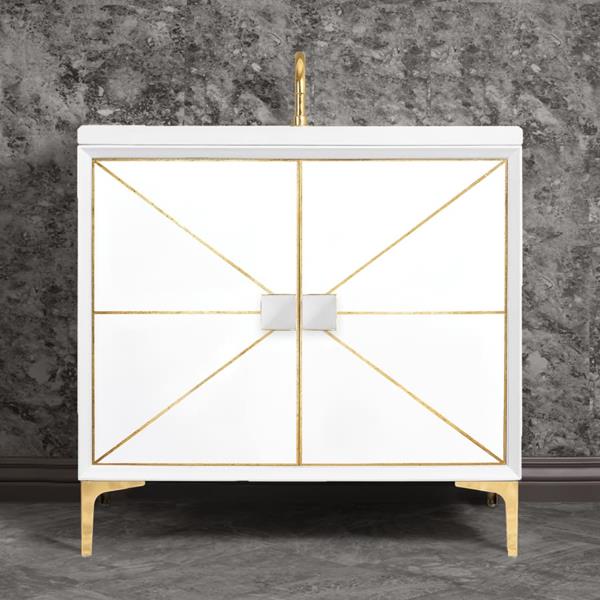 Linkasink - Divergence 36 Inch Wide White Vanity With White Prism Artisan Glass Hardware
