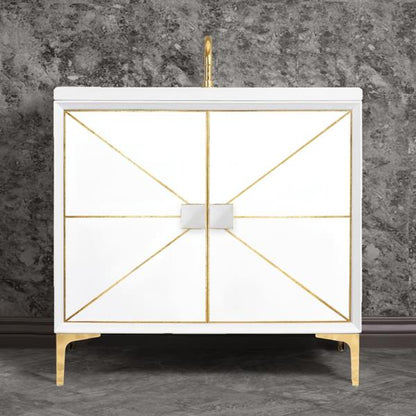 Linkasink - Divergence 36 Inch Wide White Vanity With White Prism Artisan Glass Hardware