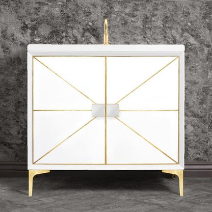 Linkasink - Divergence 36 Inch Wide White Vanity With White Prism Artisan Glass Hardware