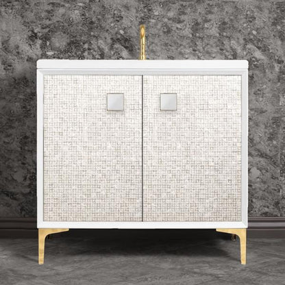 Linkasink - Mother Of Pearl With 3 Inch White Prism Artisan Glass Hardware 36 Inch Wide White Vanity