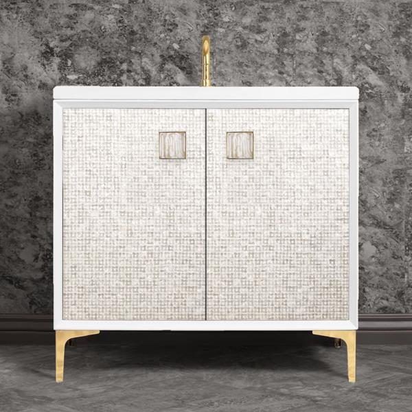 Linkasink - Mother Of Pearl With 3 Inch White Tiger Prism Artisan Glass Hardware 36 Inch Wide White Vanity