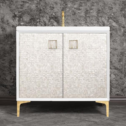 Linkasink - Mother Of Pearl With 3 Inch White Tiger Prism Artisan Glass Hardware 36 Inch Wide White Vanity