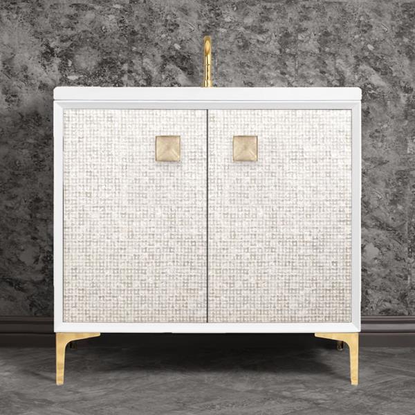 Linkasink - Mother Of Pearl With 3 Inch Eglomise Prism Artisan Glass Hardware 36 Inch Wide White Vanity